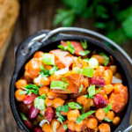 smoked sausage and baked beans in a bowl