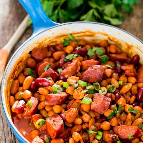 a pot of smoked sausage and beans