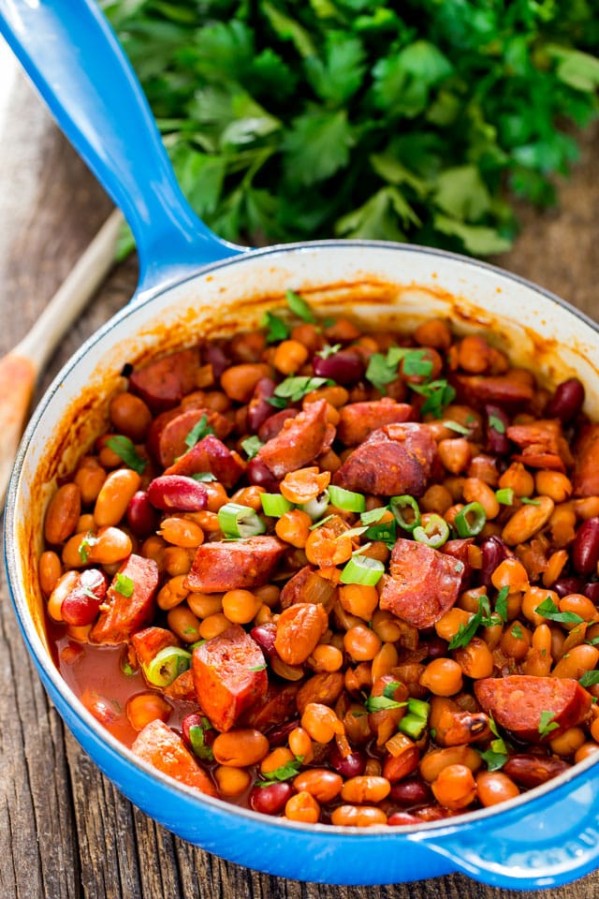 a pot of smoked sausage and beans
