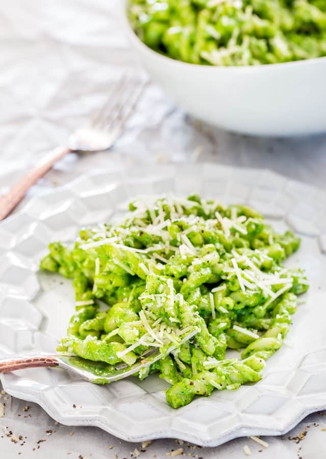 Walnut Pesto Pasta on a plate with a fork