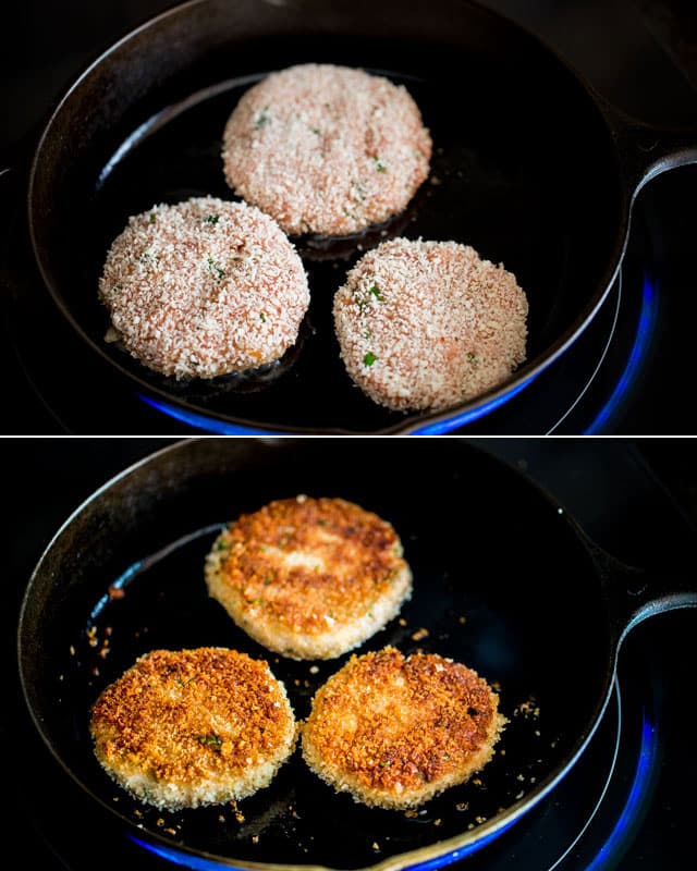 breaded chiken patties cooking for the Chicken Parmwich