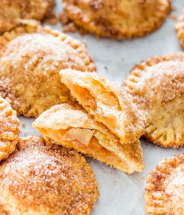 churro apple pie cookies with one split in half exposing the center