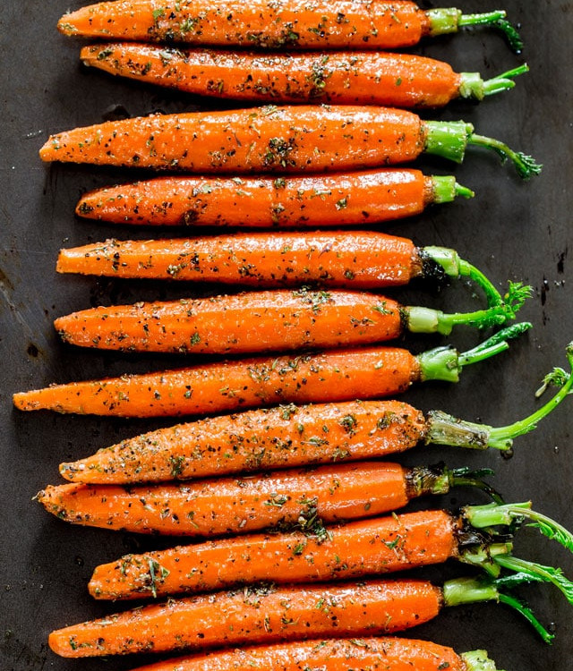 overhead shot of garlic herb roasted carrots