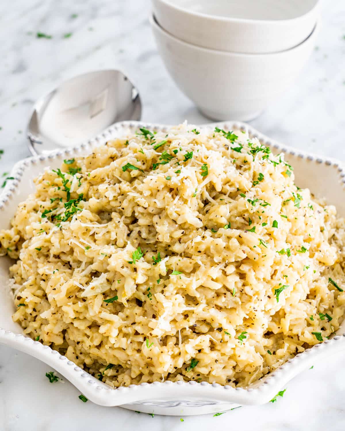 closeup of Instant Pot Risotto in a white bowl
