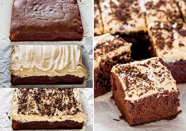 process of spreading buttercream over Guinness Brownies