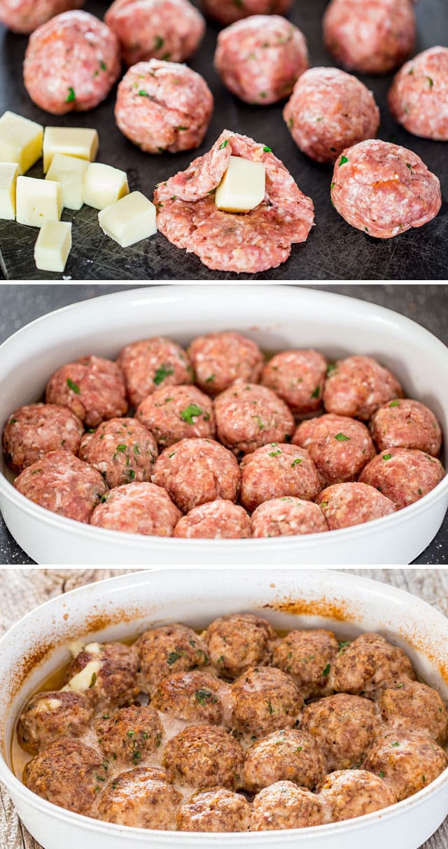 process of stuffing meatballs with cheese for a Meatball Sub
