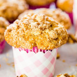 close up shot of an apple coffee cake muffin