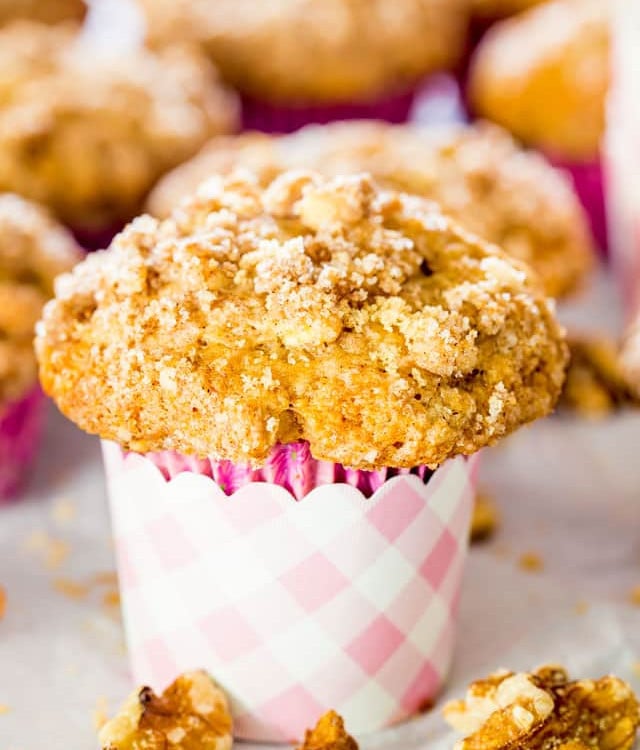 close up shot of an apple coffee cake muffin