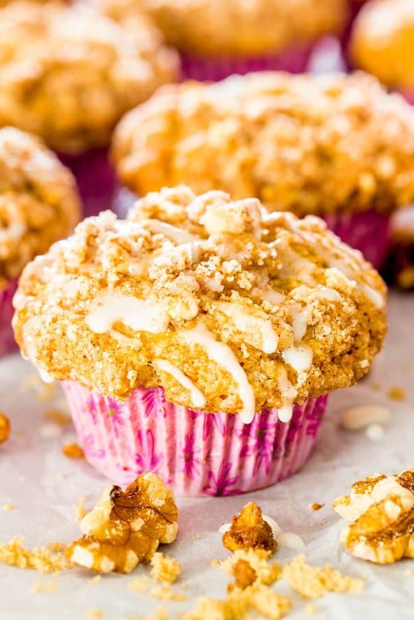 close up shot of an apple coffee cake muffin