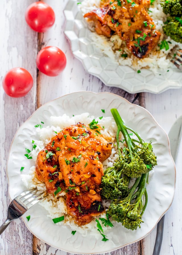 Spicy Honey Garlic Chicken Thighs with Rice and Broccolini 