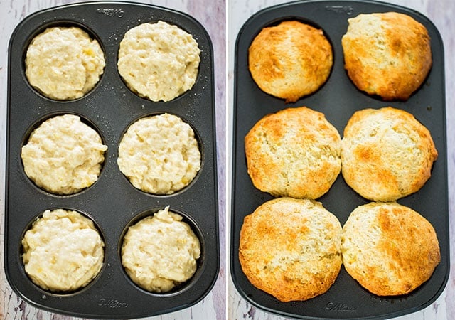 banana muffins in a muffin tin before and after baking