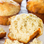 side view close up shot of a banana muffin ripped in half exposing the center