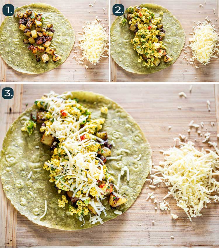 process shots showing how to assemble vegan breakfast burritos