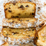 side view shot of a sliced chocolate peanut butter chip crumb cake