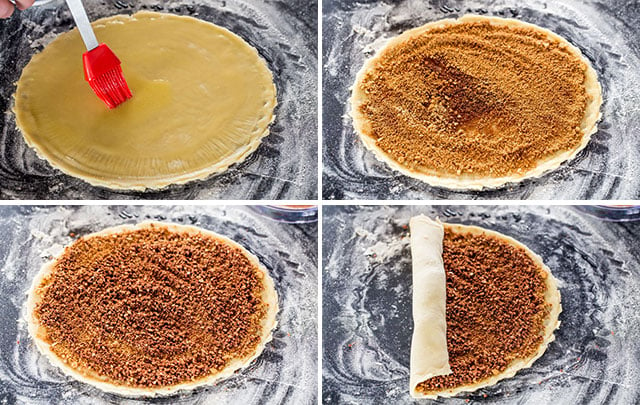 process of rolling up chocolate pecan pie cookies