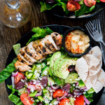 overhead shot of a mediterranean grilled chicken salad