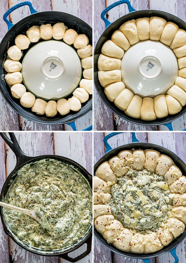 overhead steps of making Spinach and Artichoke Dip with bread rolls