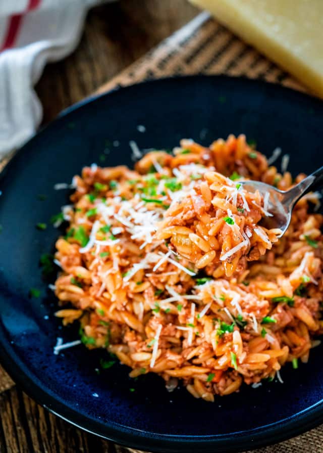 side view shot of a fork holding up a bite of spicy pork ragu with orzo