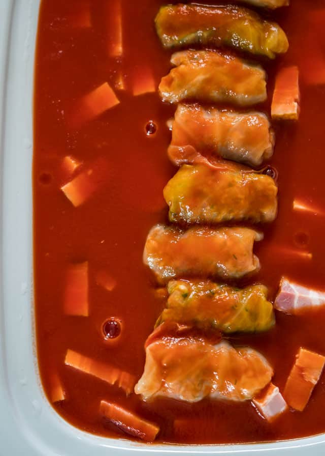 cabbage rolls in a crockpot ready to cook