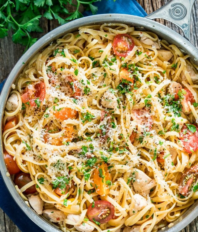 overhead shot of chicken scampi with linguine