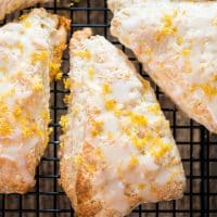 overhead shot of lemon buttermilk scones on a cooling rack