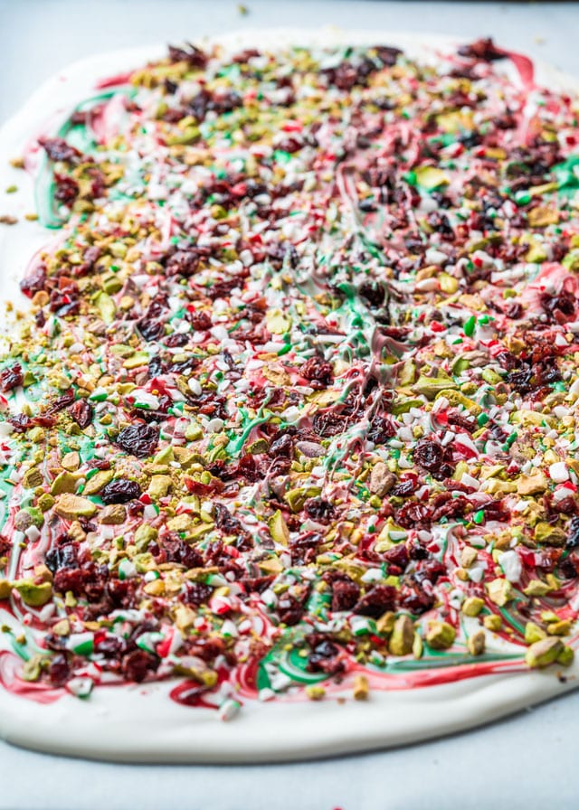 chocolate bark topped with pistachios, cranberries, and crushed candy canes