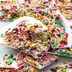 side view shot of broken candy cane bark pieces stacked