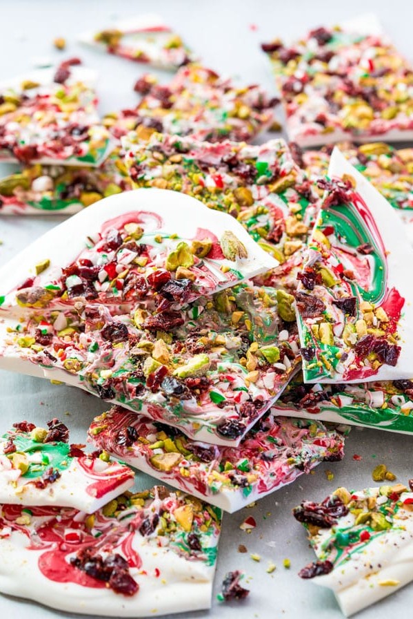 side view shot of broken candy cane bark pieces stacked