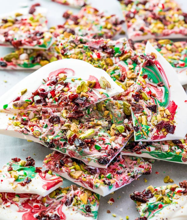 side view shot of broken candy cane bark pieces stacked