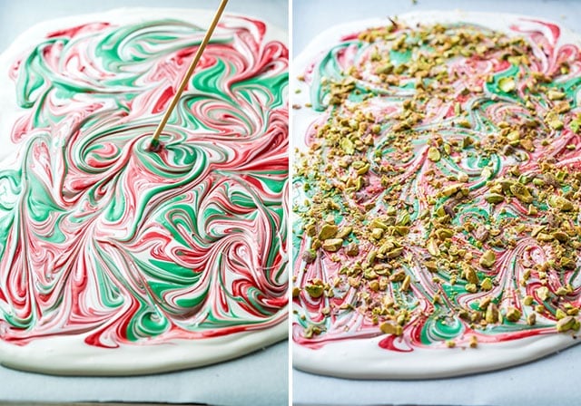 swirling red, green, and white chocolate together and then topping it with pistachios