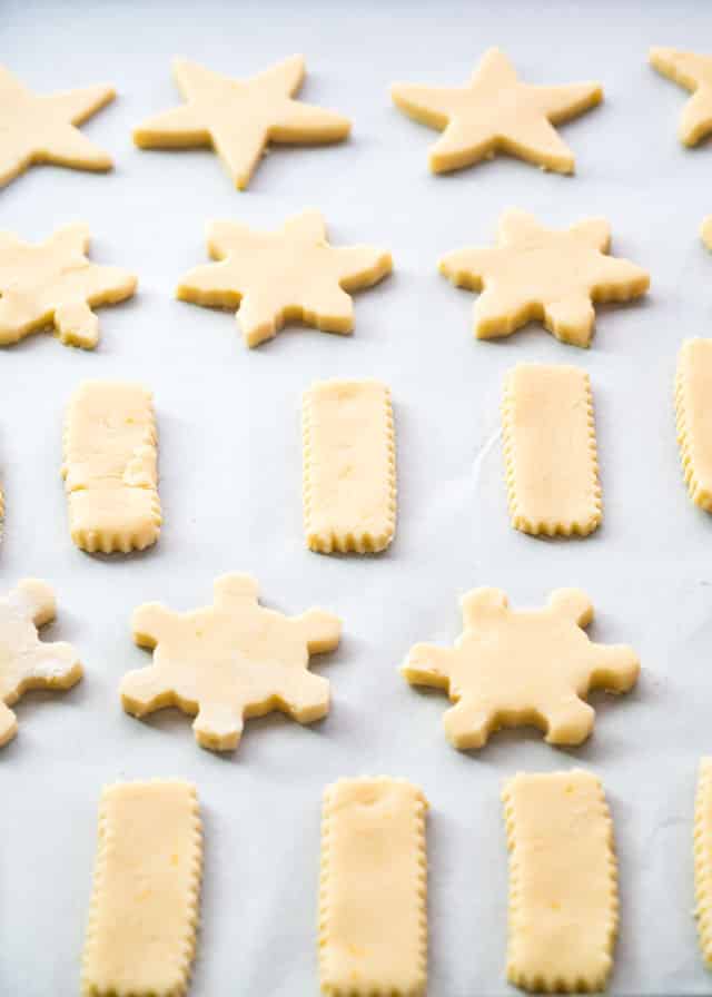shortbread cookies, freshly cut, ready to be baked in the oven.