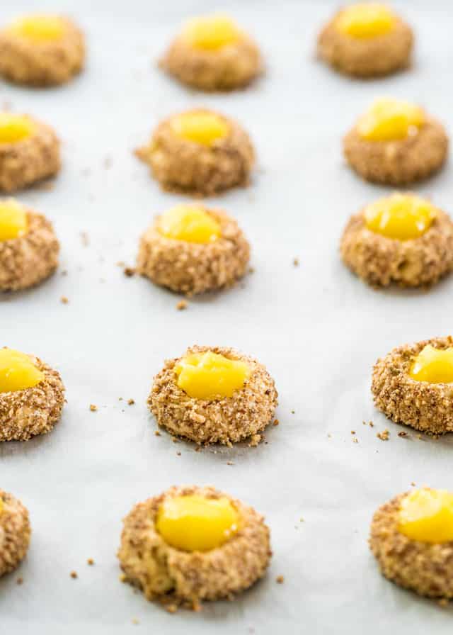 thumbprint cookies filled with lemon curd fresh out of the oven