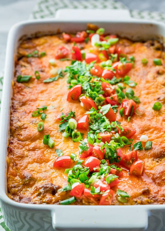taco lasagna in a casserole dish right out of the oven