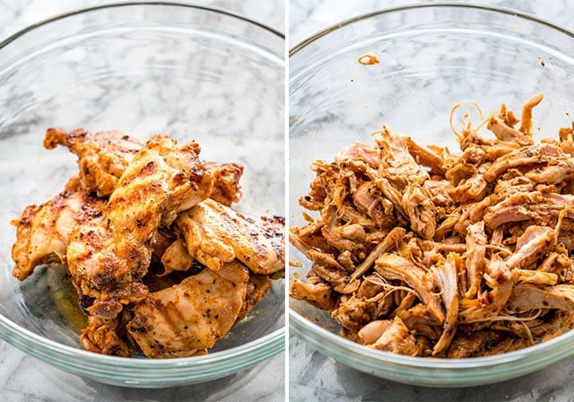 freshly cooked chicken before and after being shredded