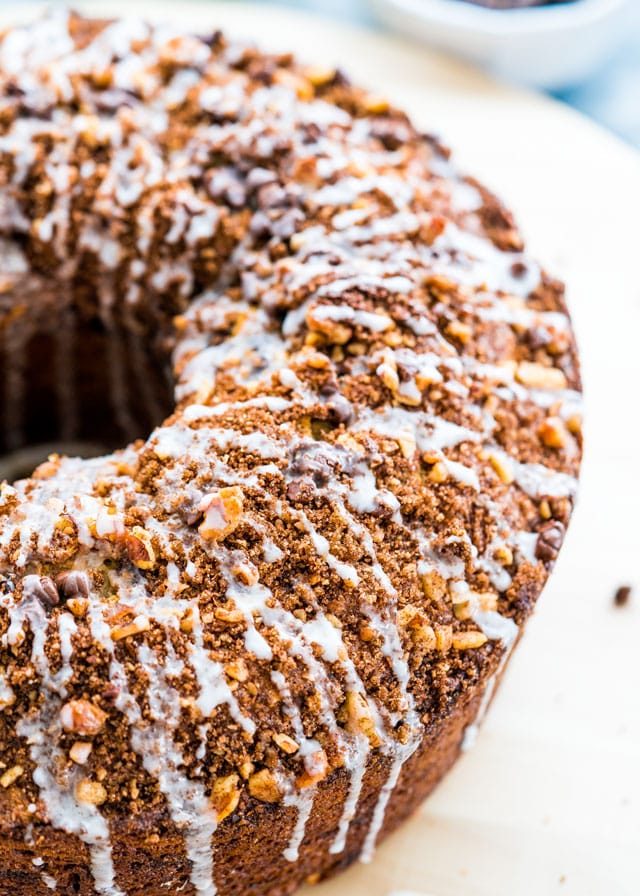overhead close up of coffee bundt cake drizzled with glaze