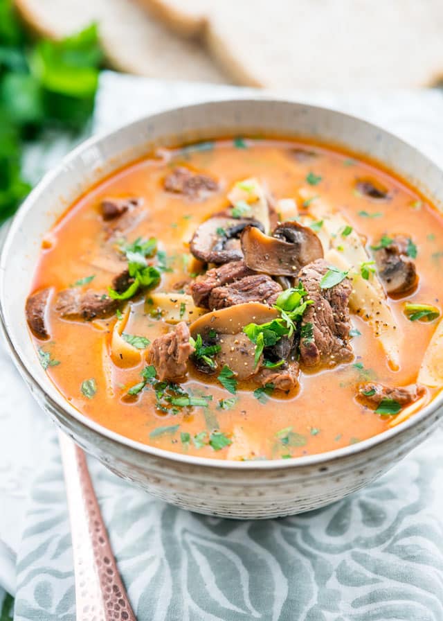 a bowl full of soup with beef, mushrooms, and noodles.