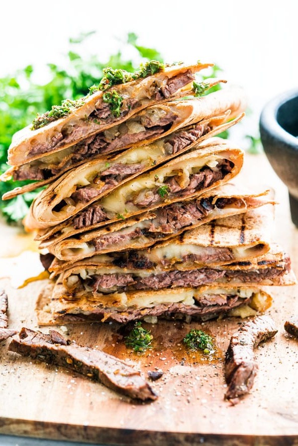 side view shot of a stack of chimichurri steak quesadillas