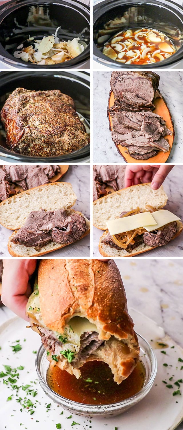 process shots for making French Dip Sandwiches