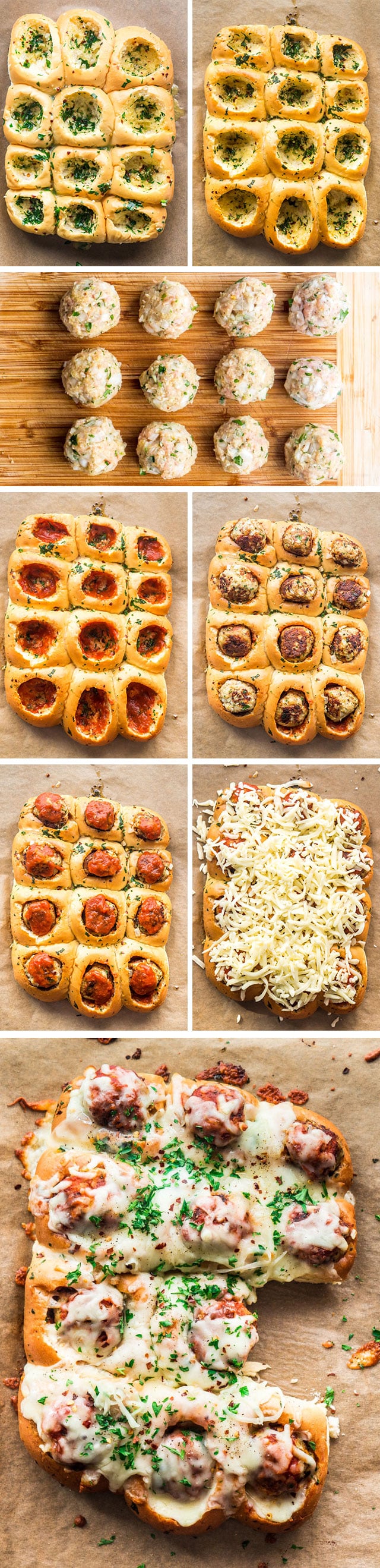 process shots showing how to make Cheesy Chicken Meatball Rolls