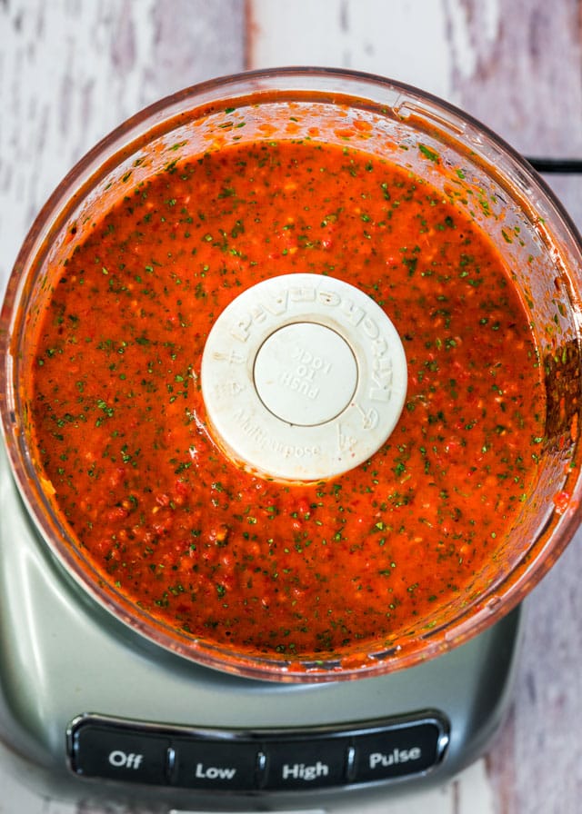 red chimichurri blended in a food processor