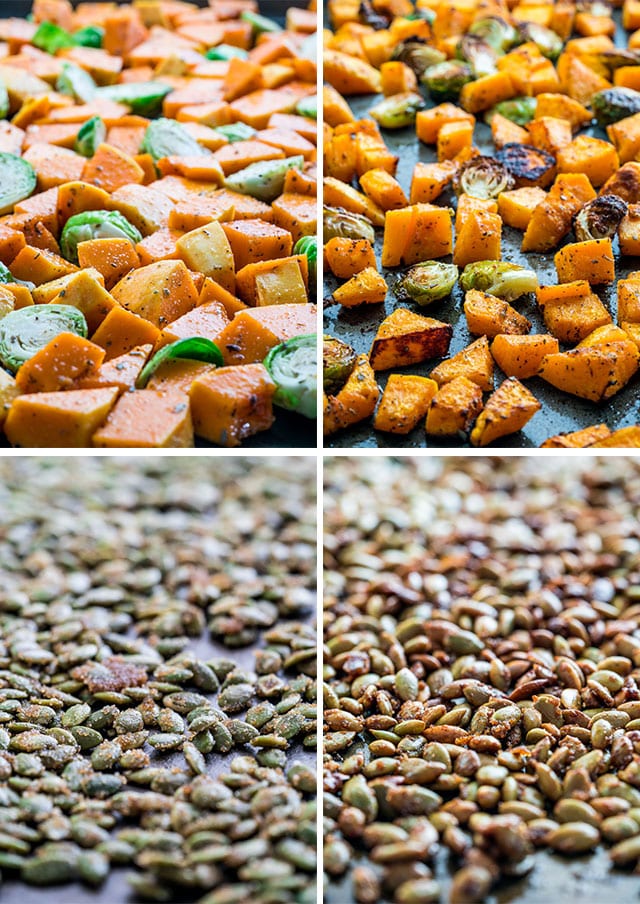 squash, brussels sprouts, and pumpkin seeds before and after roasting