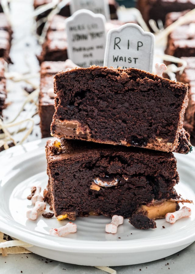 Stack of Halloween Candy Brownies cut in half