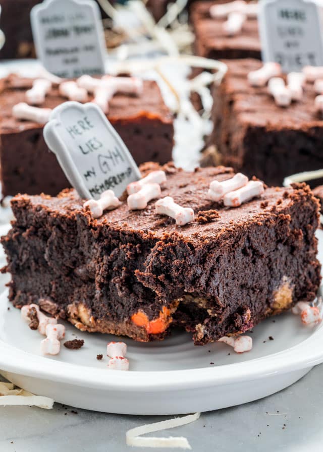Side view of Halloween Candy Brownies in a plate