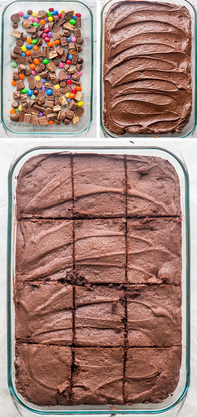 Process of Halloween Candy Brownies before and after baking