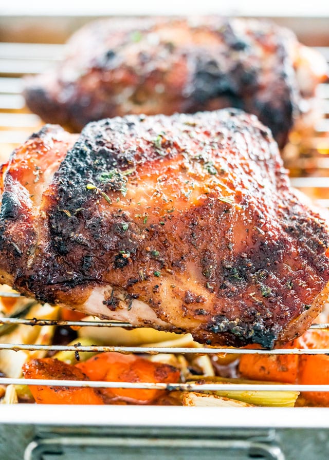 closeup of roasted turkey thighs with crispy skin