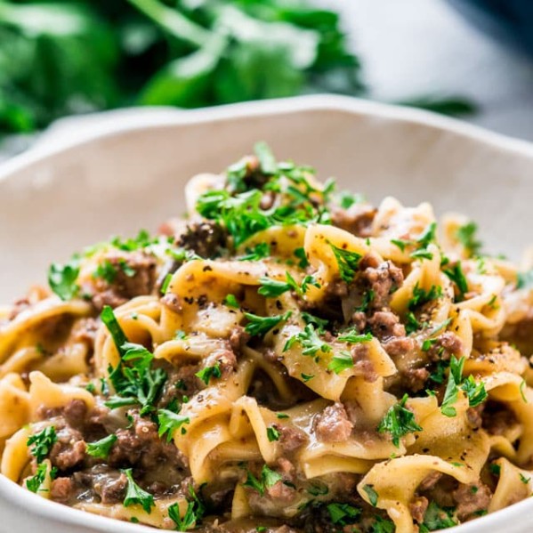 side view shot of instant pot beef stroganoff in a bowl