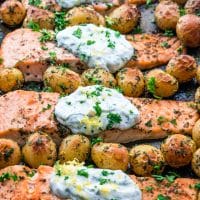 side view shot of salmon with dill sauce and roasted baby potatoes on a sheet pan