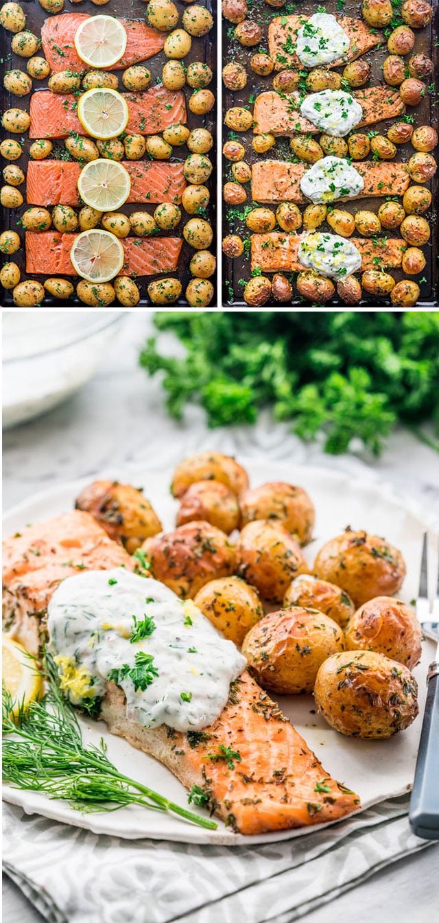 process shots for making salmon with dill sauce roasted baby potatoes sheet pan dinner