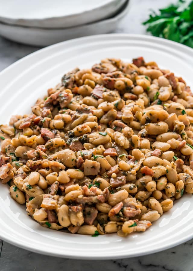 White Beans with Bacon and Herbs on a platter