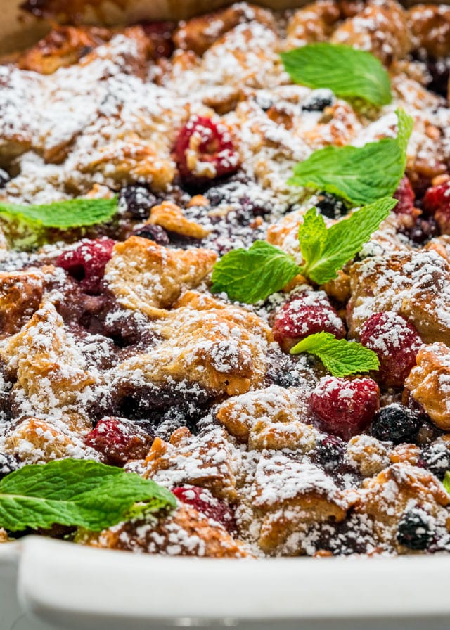 Closeup of Berry Brioche Bread Pudding in a pan